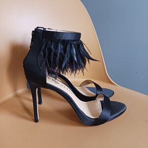 Katy Perry Ankle Feather The Editor  Black Satin  Heels Size 9.5/ 40,new